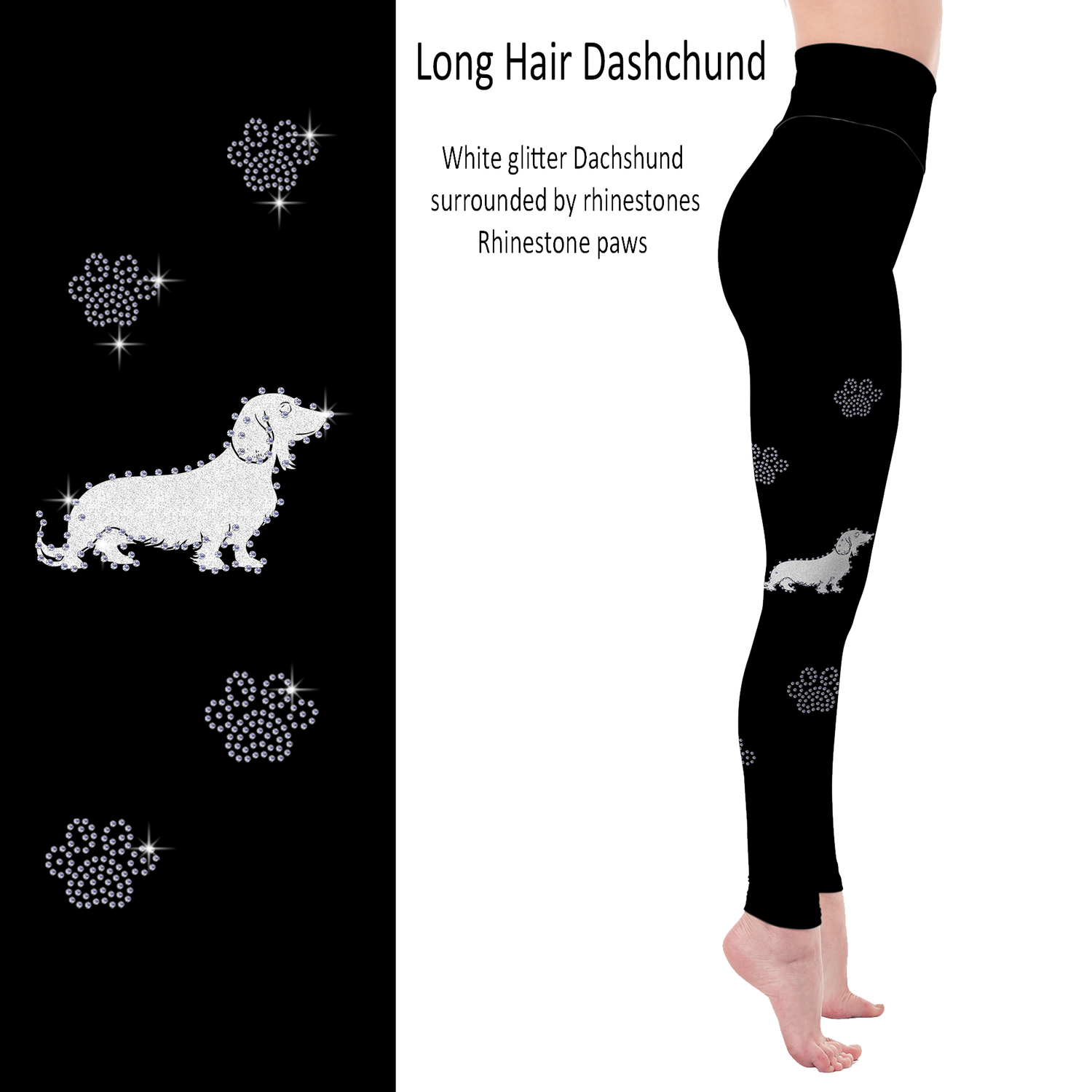 Long Haired Dachshund Rhinestone Leggings with Pockets - White or Black Glitter MM